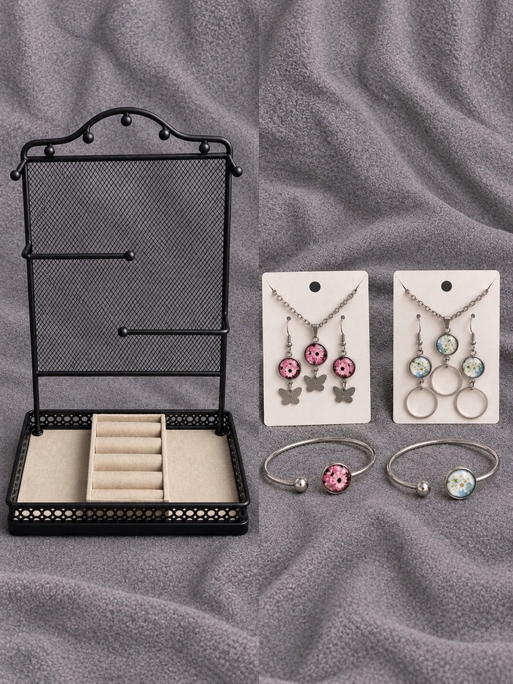 Jewelry Organizer Stand with Beige Display Tray and 2 sets of Daisy jewelry